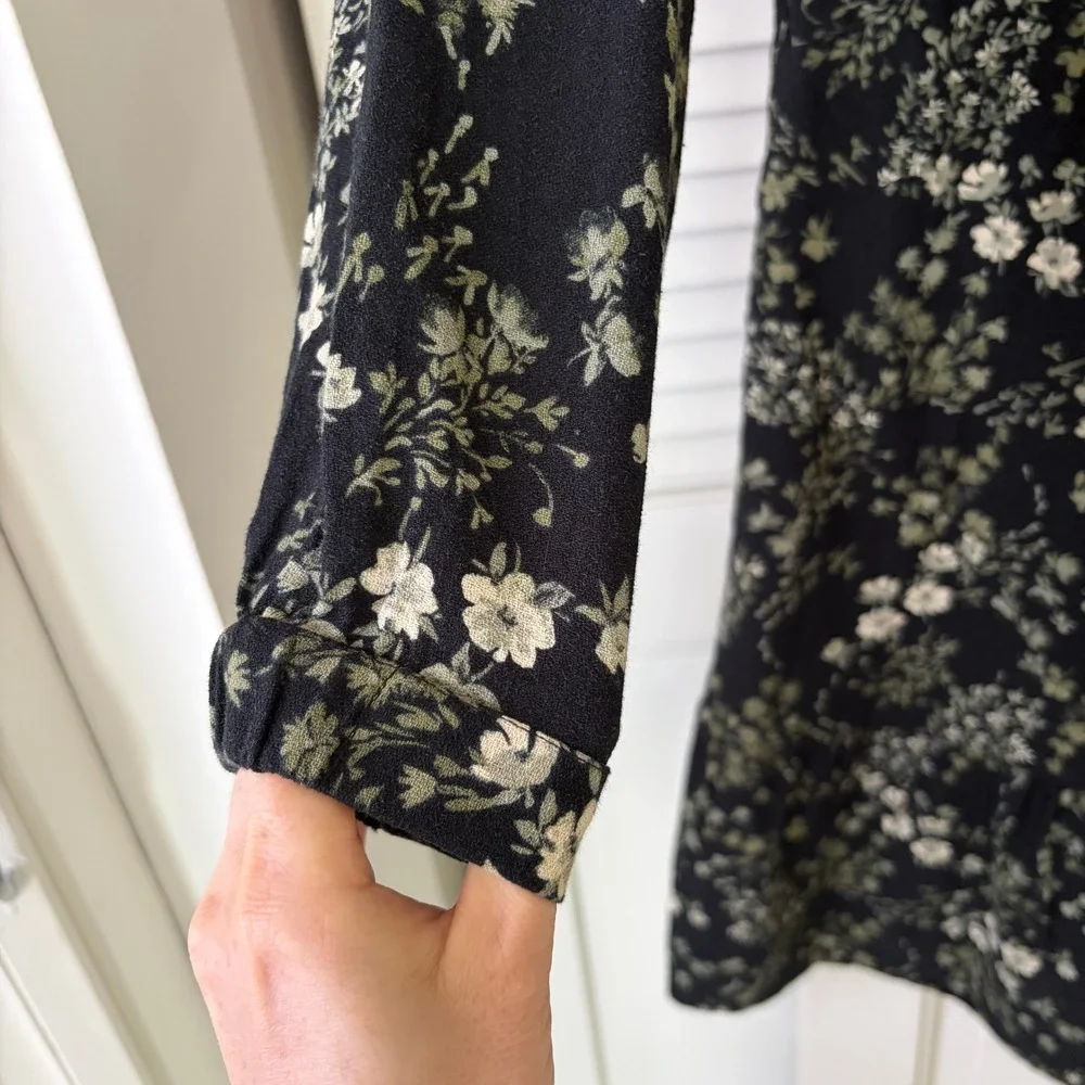 Pact Organic Cotton Floral Tiered Dress Black Green Long Sleeve Women's S